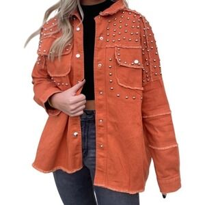 Fantastic Fawn Studs Snap Down‎ Jacket L Orange Cotton Frayed Hem Fall Edgy Boho